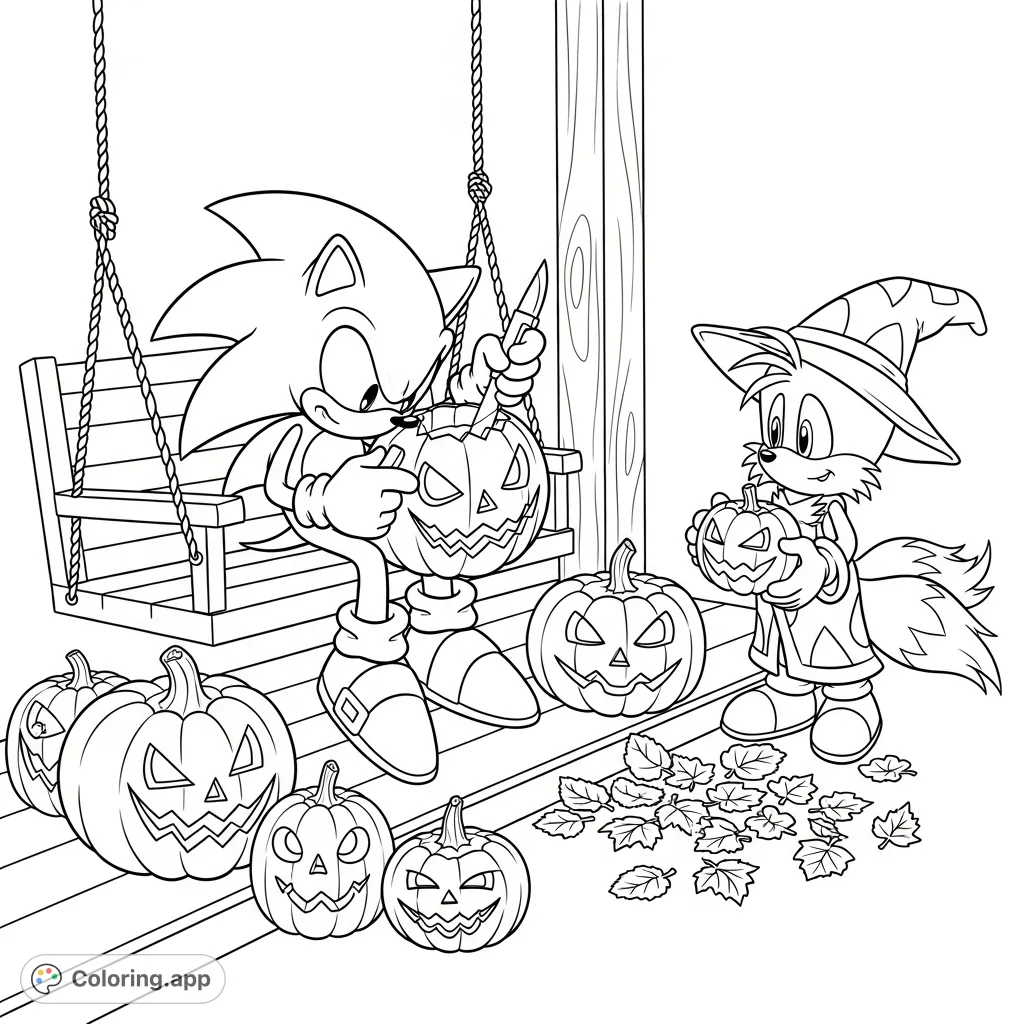 Join Sonic and Tails for a festive autumn scene! Sonic carves a pumpkin on a porch swing while wizard Tails watches, surrounded by fall leaves and glowing jack-o'-lanterns.
