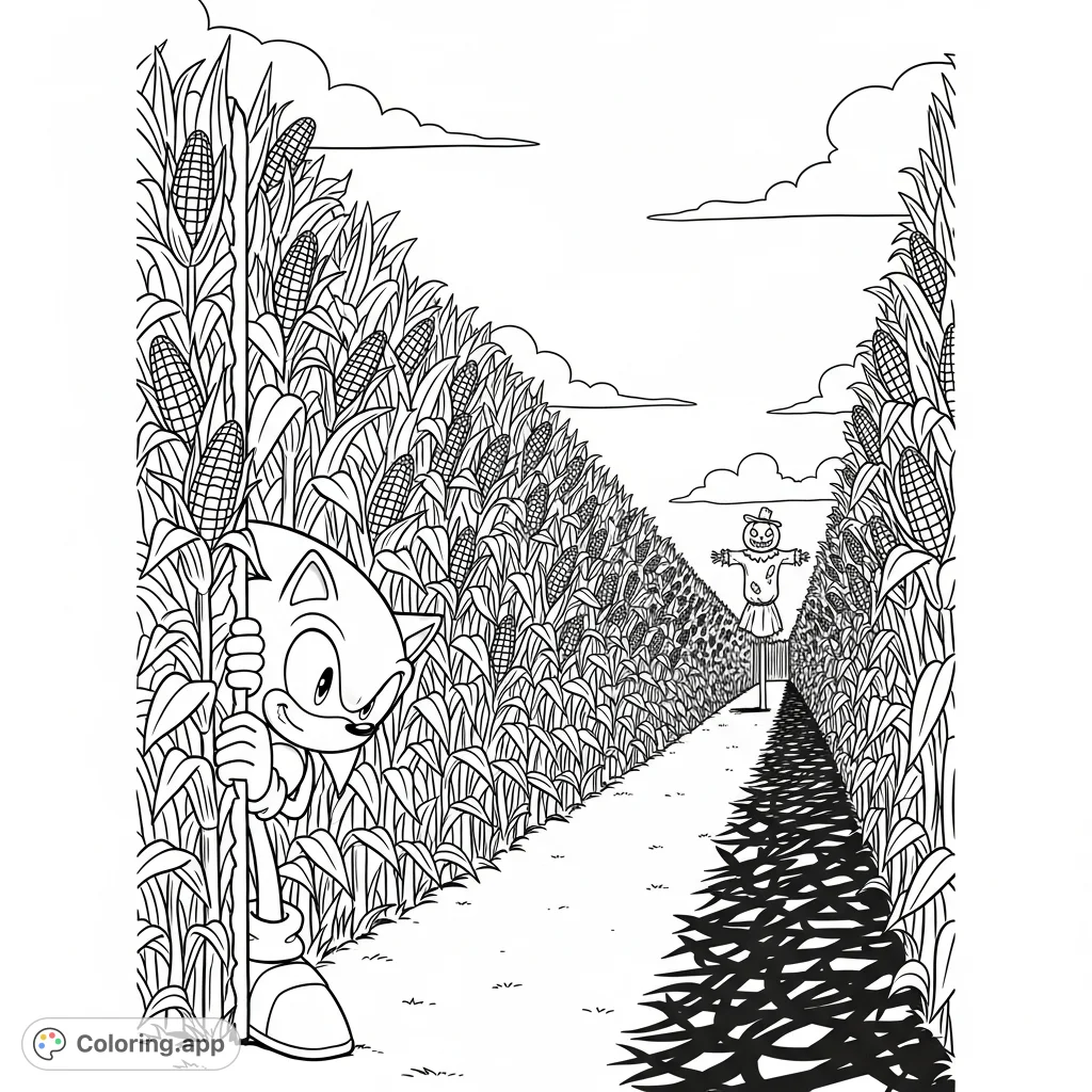 Join Sonic the Hedgehog in a thrilling corn maze adventure! This free printable Sonic coloring page features Sonic peeking around a corner with a scarecrow in the distance.