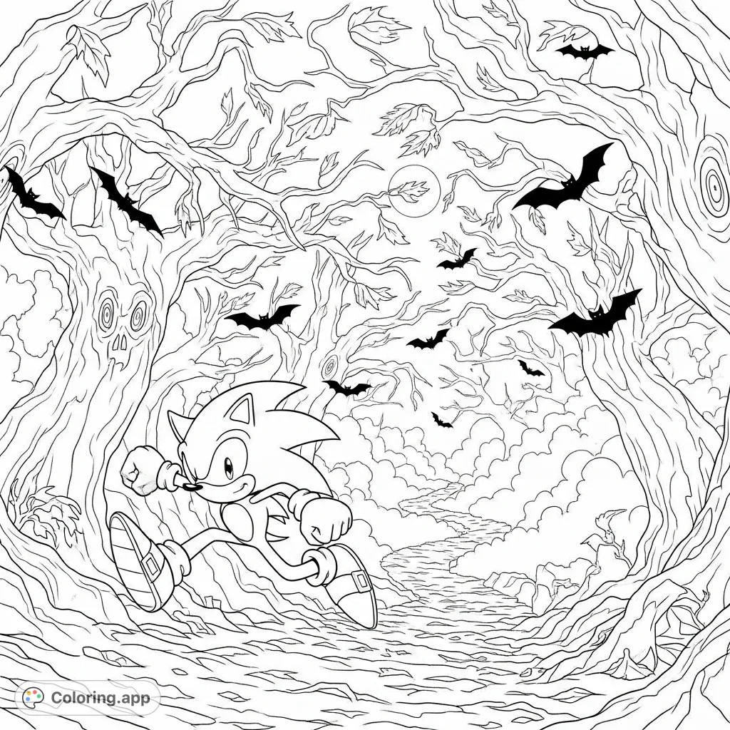 Join Sonic as he speeds through a mysterious, gnarled forest under a faint moon. A thrilling eerie forest coloring page for all ages!