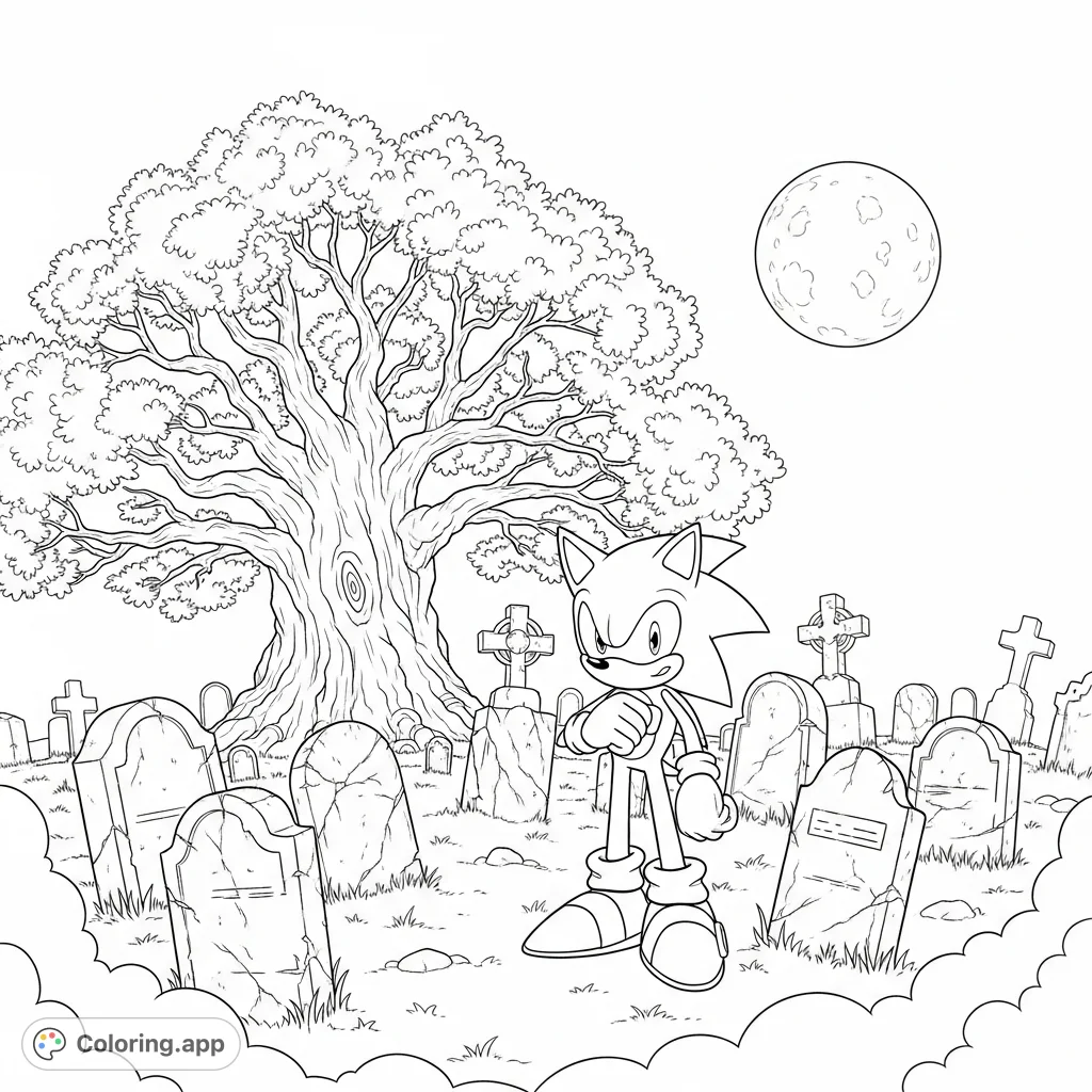 Join Sonic in a mysterious, overgrown graveyard under a full moon. Weathered tombstones and an ancient oak tree create an atmospheric scene for coloring.