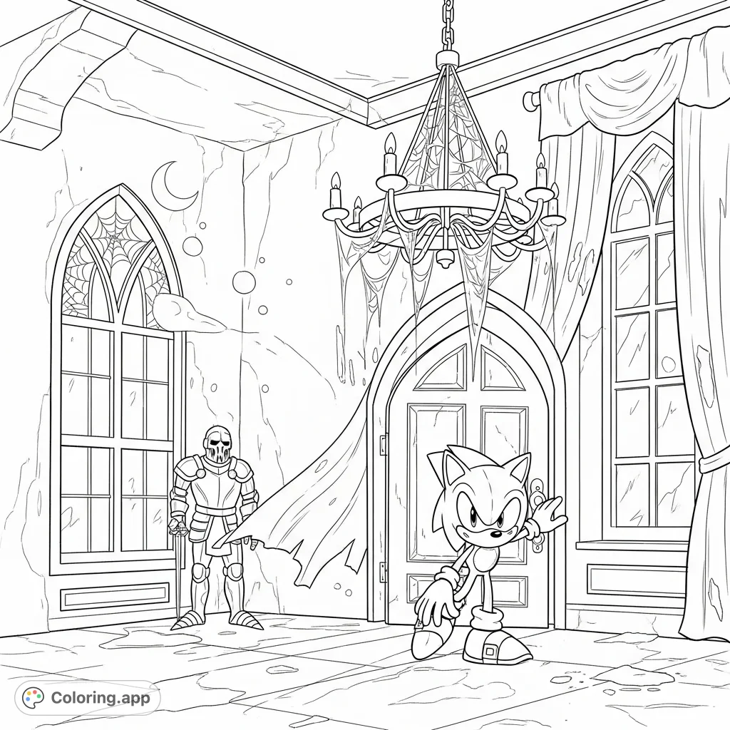 Join Sonic as he explores a dusty, ornate mansion, peeking around a grand doorway. A chandelier, suit of armor, and moonlight create a mysterious scene.