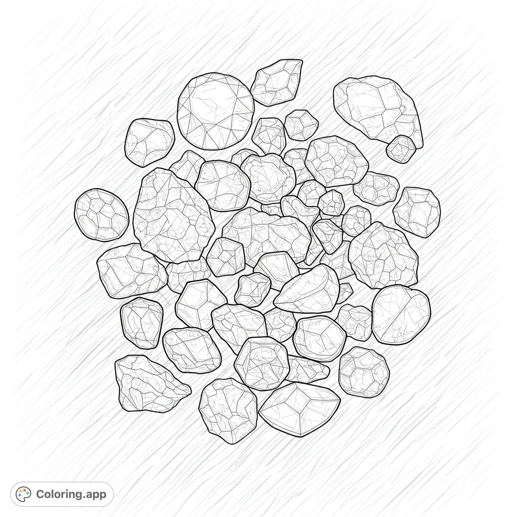 Discover a dazzling array of faceted gemstones and crystals in this intricate coloring page, perfect for adding vibrant hues to each unique facet.