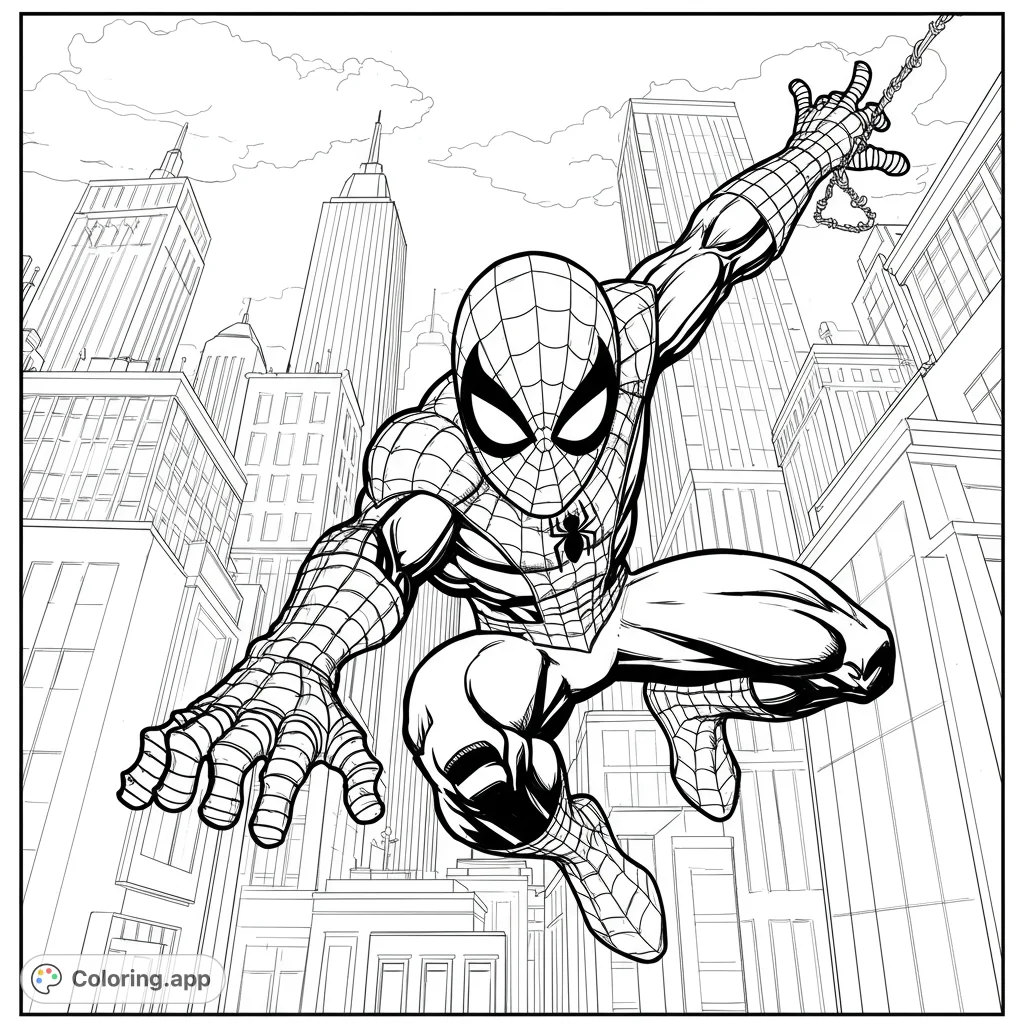 Dynamic Spider-Man coloring page soaring above a detailed cityscape. A free printable superhero coloring page for kids and adults.