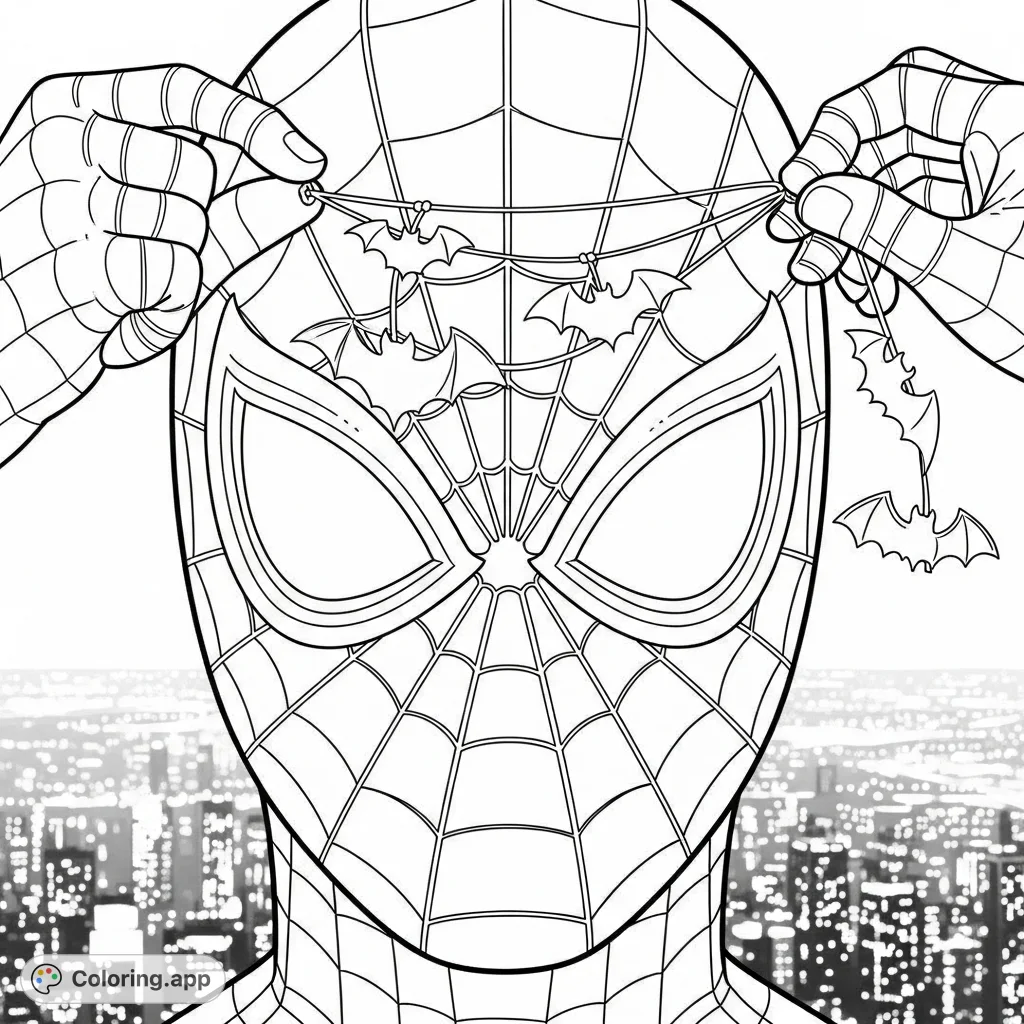 A detailed Spider-Man Halloween coloring page featuring his mask, decorative bats, and a cityscape background. Perfect for superhero fans!