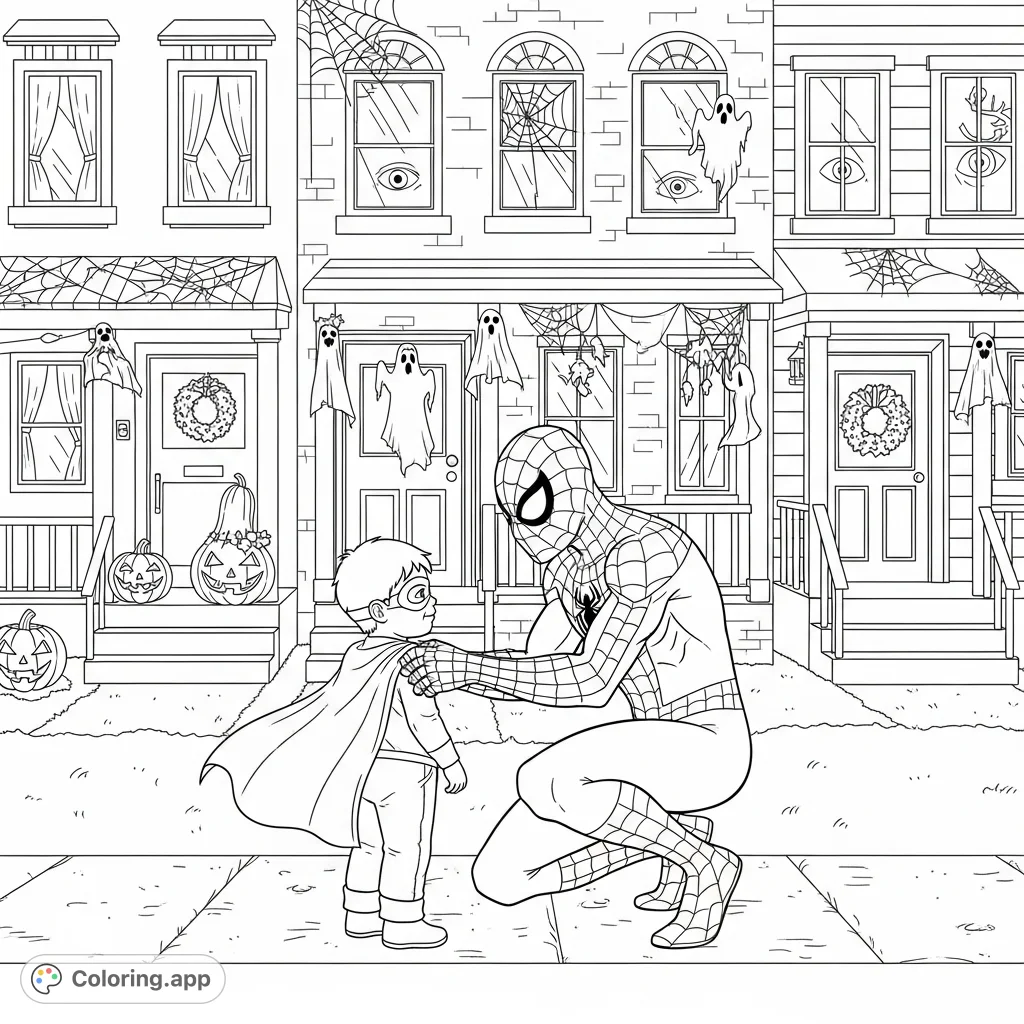 Join Spider-Man as he helps a young hero fix a cape amidst a festive Halloween street scene, complete with decorated houses and carved gourds.