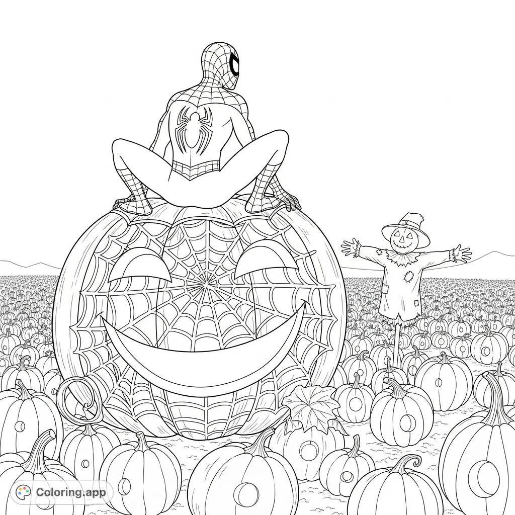 Join Spider-Man on a colossal, intricately carved pumpkin, overlooking a field of smaller pumpkins and a friendly scarecrow. A fun, detailed scene!