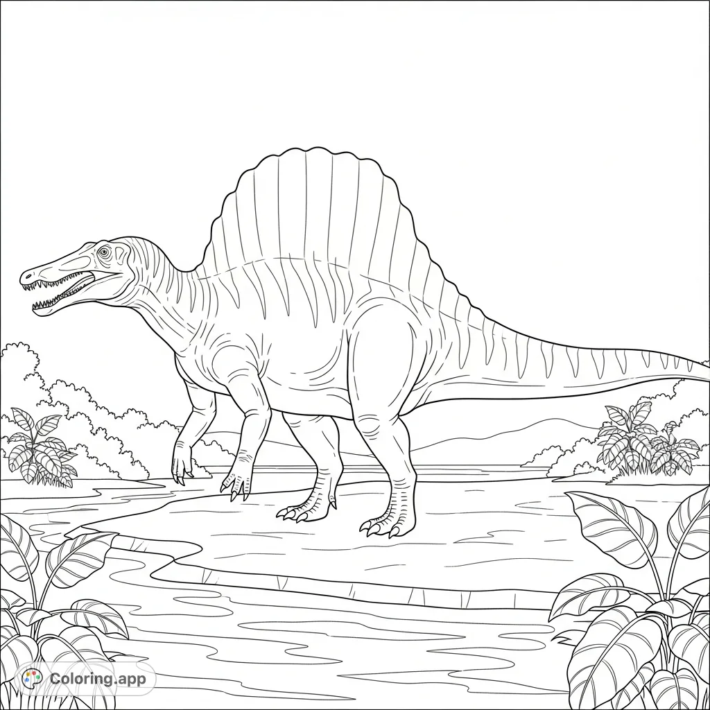 Color a mighty Spinosaurus walking along a prehistoric riverbank. This exciting dinosaur scene features a simplified sail and tail, perfect for all ages.