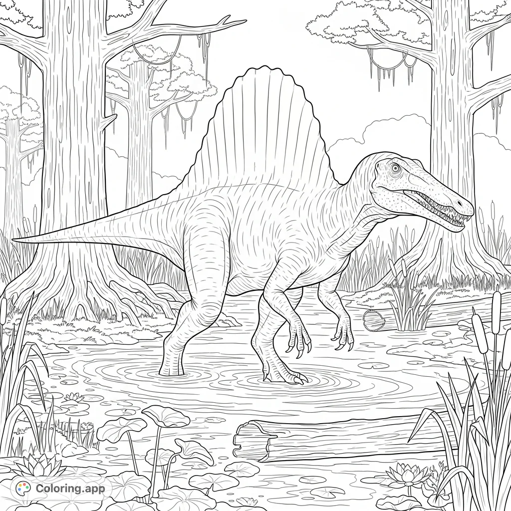 An exciting coloring page featuring a majestic Spinosaurus navigating a dense, ancient swamp filled with gnarled trees, aquatic plants, and rippling water.