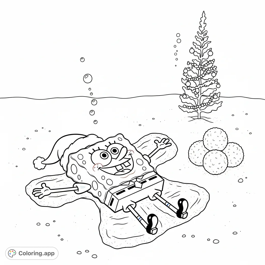 Join Spongebob SquarePants making a festive sand angel under the sea, complete with a Santa hat, kelp snowballs, and a mini Christmas tree. A fun, free printable Spongebob coloring page!