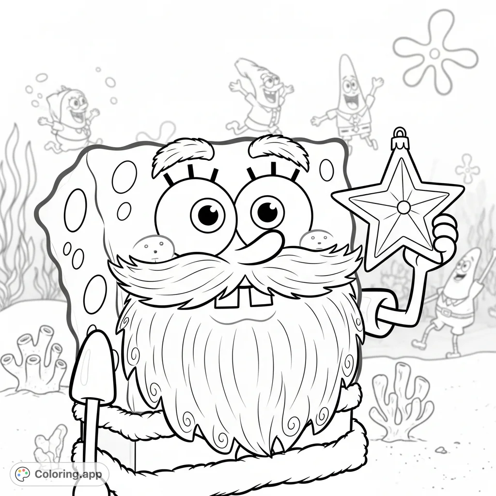 Join Spongebob Squarepants for a festive Bikini Bottom celebration! He smiles with a kelp Santa beard, holding a star ornament, surrounded by cheerful friends.