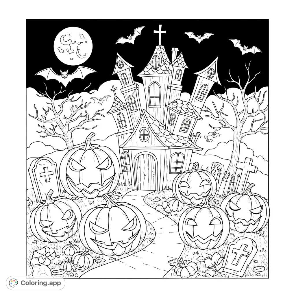 A spooky Halloween scene with a haunted house, grinning jack-o'-lanterns, and flying bats under a full moon. Perfect for festive coloring fun!