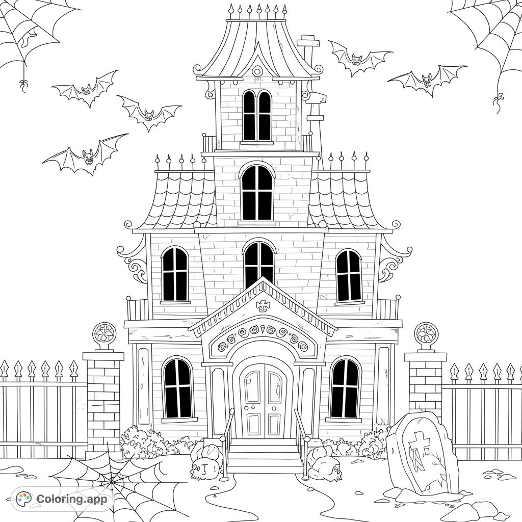 A spooky haunted house coloring page featuring a grand mansion, flying bats, pumpkins, and a tombstone, perfect for Halloween fun.