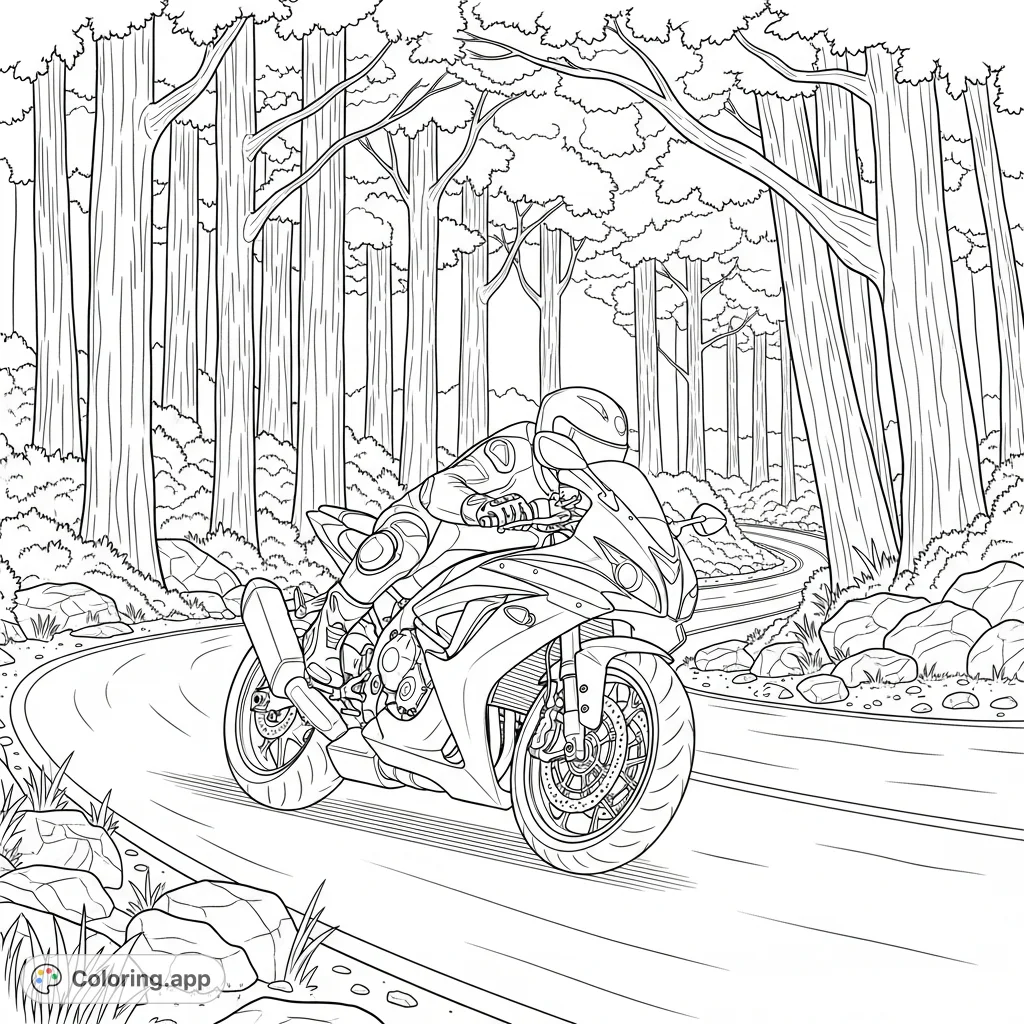 A thrilling coloring page featuring a sleek sport motorcycle leaning into a curve on a winding forest road, surrounded by detailed trees and natural elements.