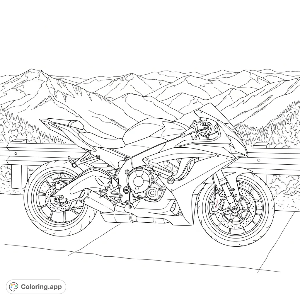Detailed sport motorcycle parked at a scenic mountain overlook. Intricate bike features against a grand natural backdrop.