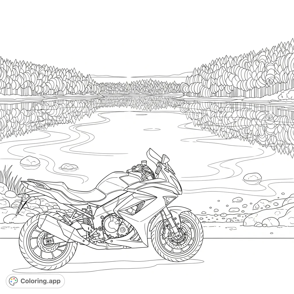 Color a sport-touring motorcycle parked by a serene lake, featuring reflections of trees and a vast sky, perfect for motorcycle enthusiasts and nature lovers.