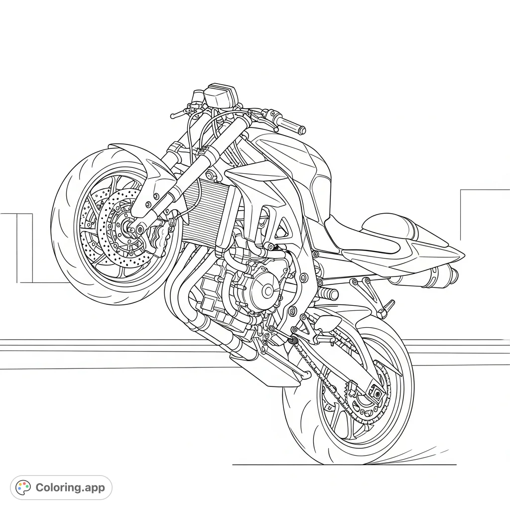 A detailed stunt-style sportbike performing a perfect stoppie, balancing on its front wheel with dynamic precision. Ready for vibrant coloring!