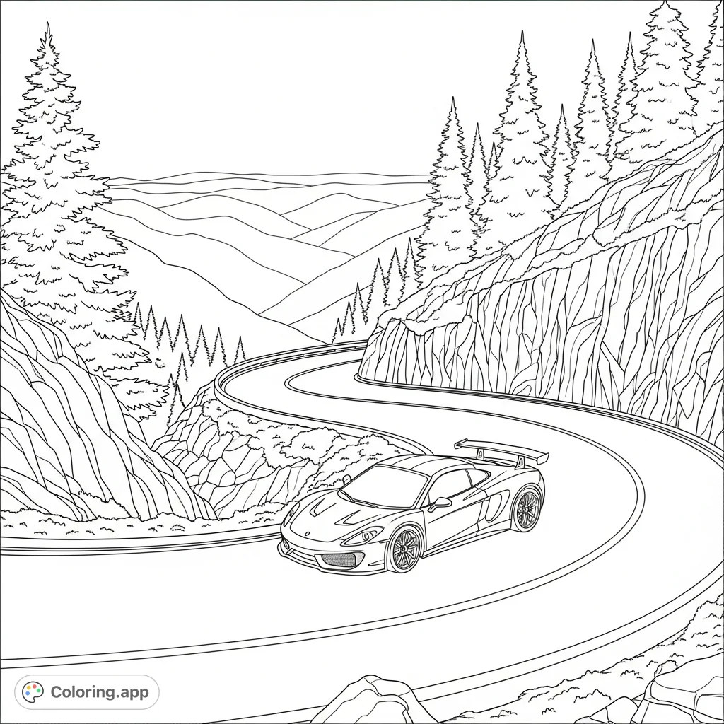 A high-precision sports car takes a hairpin turn on a winding mountain pass, framed by towering trees and rugged rocks, with a panoramic valley view.