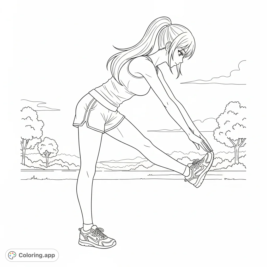 A vibrant coloring page featuring a dynamic anime girl with a ponytail stretching, ready for a jog in a minimalist park setting. Perfect for anime fans!