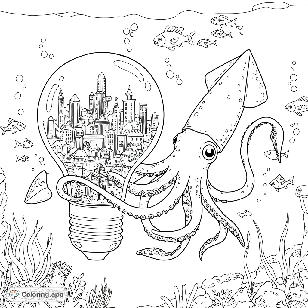 Dive into an imaginative underwater world where a curious squid holds a light bulb containing a bustling city. A unique, free printable coloring page for all ages.