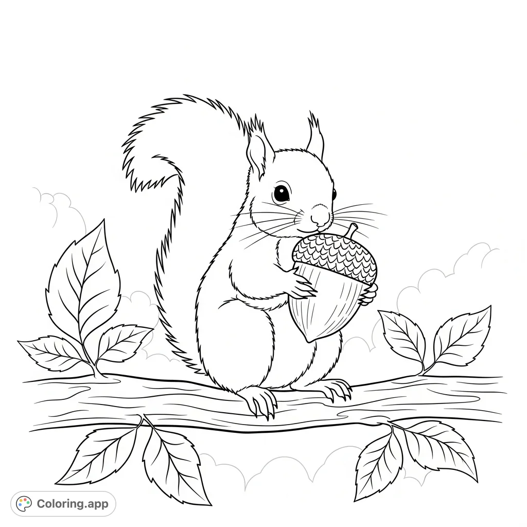 A charming coloring page featuring an adorable squirrel kit clutching a large acorn, perched on a branch with simplified leaves. Perfect for nature lovers.