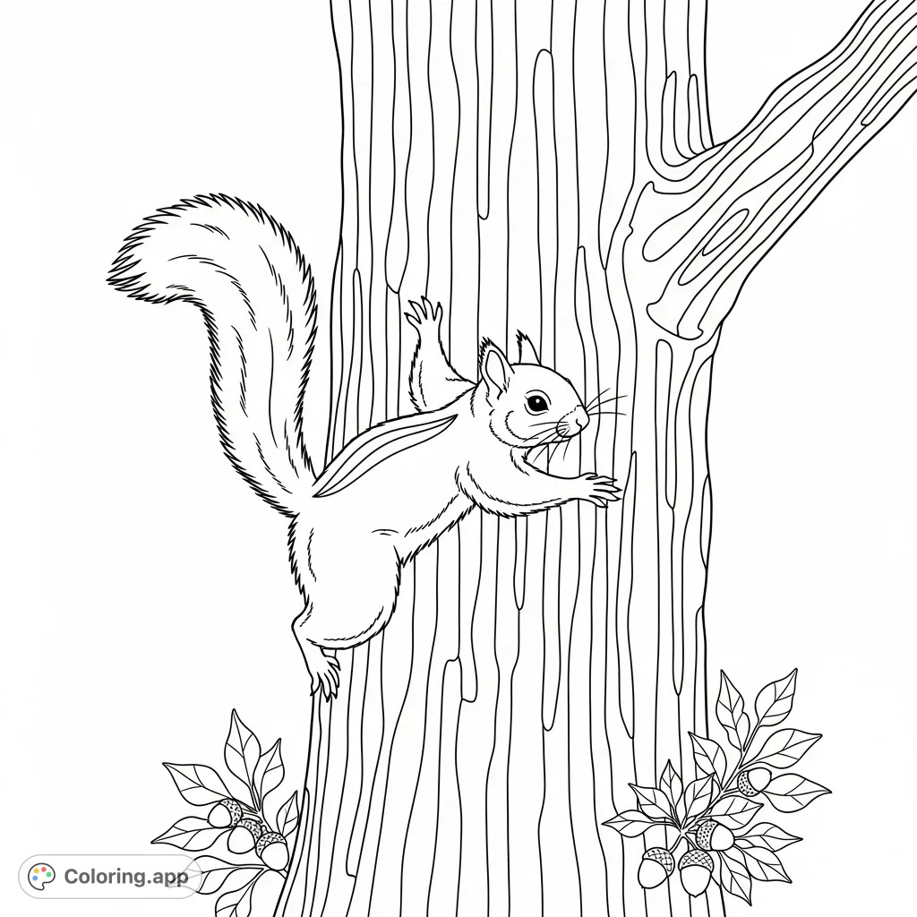 A delightful coloring page featuring a lively squirrel actively climbing a tree trunk with boldly defined bark. Perfect for nature lovers and all ages.