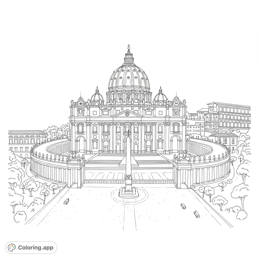Detailed St. Peter's Basilica coloring page with iconic dome, colonnades, and obelisk in St.