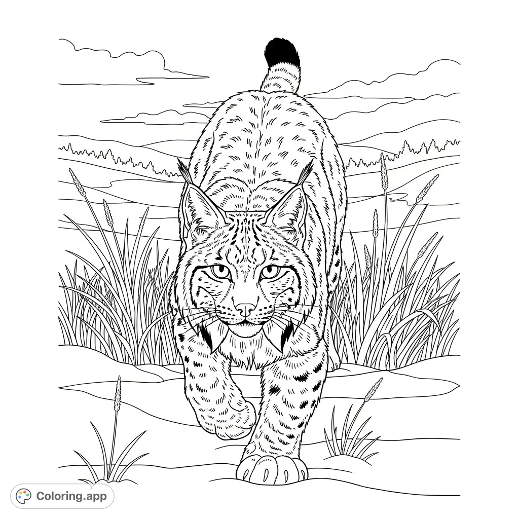 A majestic lynx stalks through tall, snow-covered grass, poised and alert in a winter landscape, featuring detailed fur and bold contours.