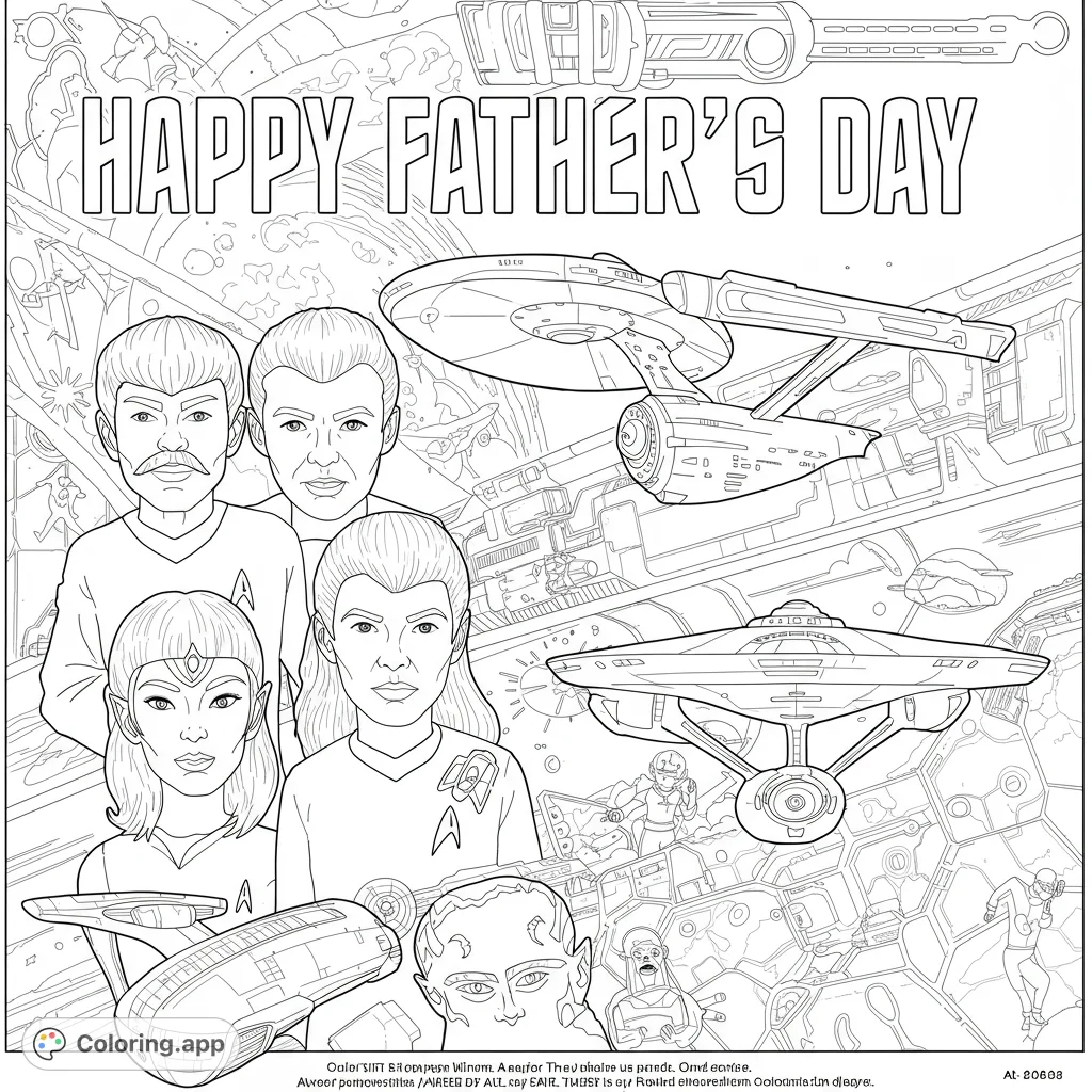 Explore a futuristic space adventure coloring page featuring a brave starship crew and iconic vessels against a detailed cosmic backdrop. Free printable sci-fi coloring page.