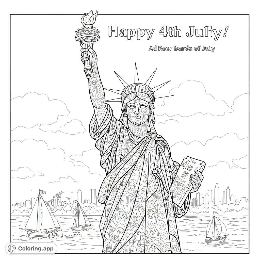 Intricate Statue of Liberty coloring page with detailed patterns, a cityscape, and sailboats. A free printable patriotic design for all ages.