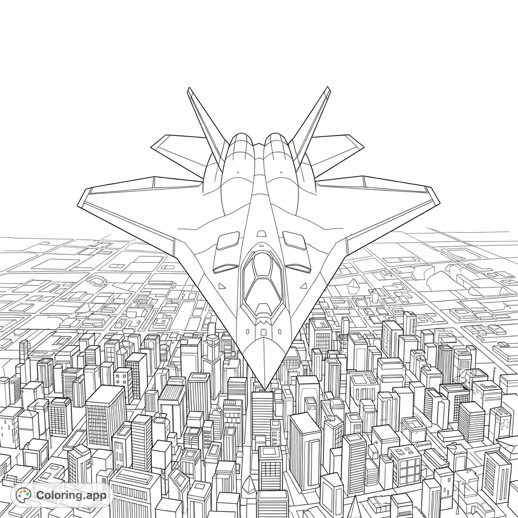 A stealth jet soars over an abstract, geometric city, offering a complex design with numerous shapes and patterns for a challenging and engaging coloring experience.