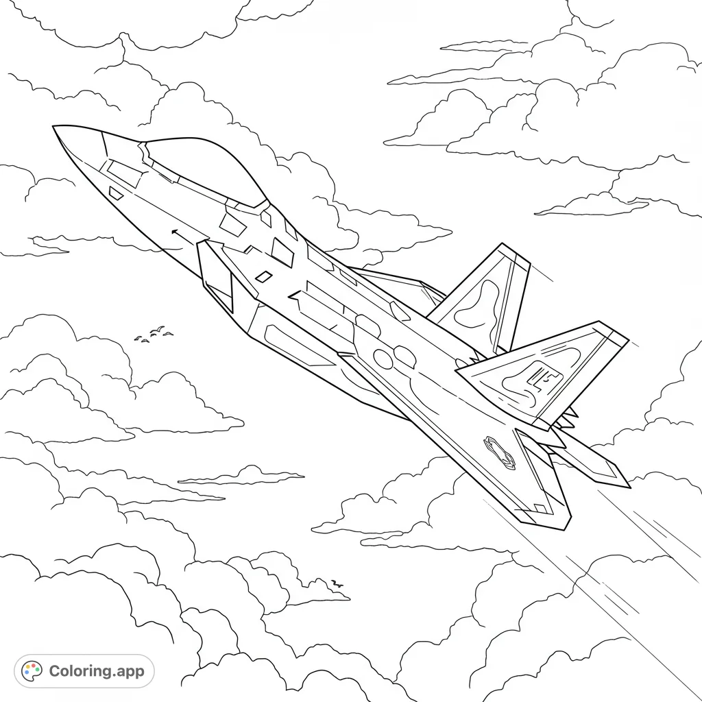 Experience the thrill of flight with this dynamic fighter jet coloring page. A sleek stealth aircraft soars through a sky full of clouds, ready for your colors.