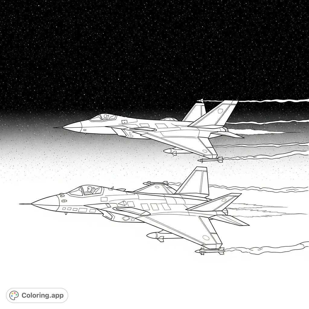 Two stealth fighter jets engage in an intense aerial skirmish under a vast, star-dotted night sky, with afterburner flares lighting the dark.