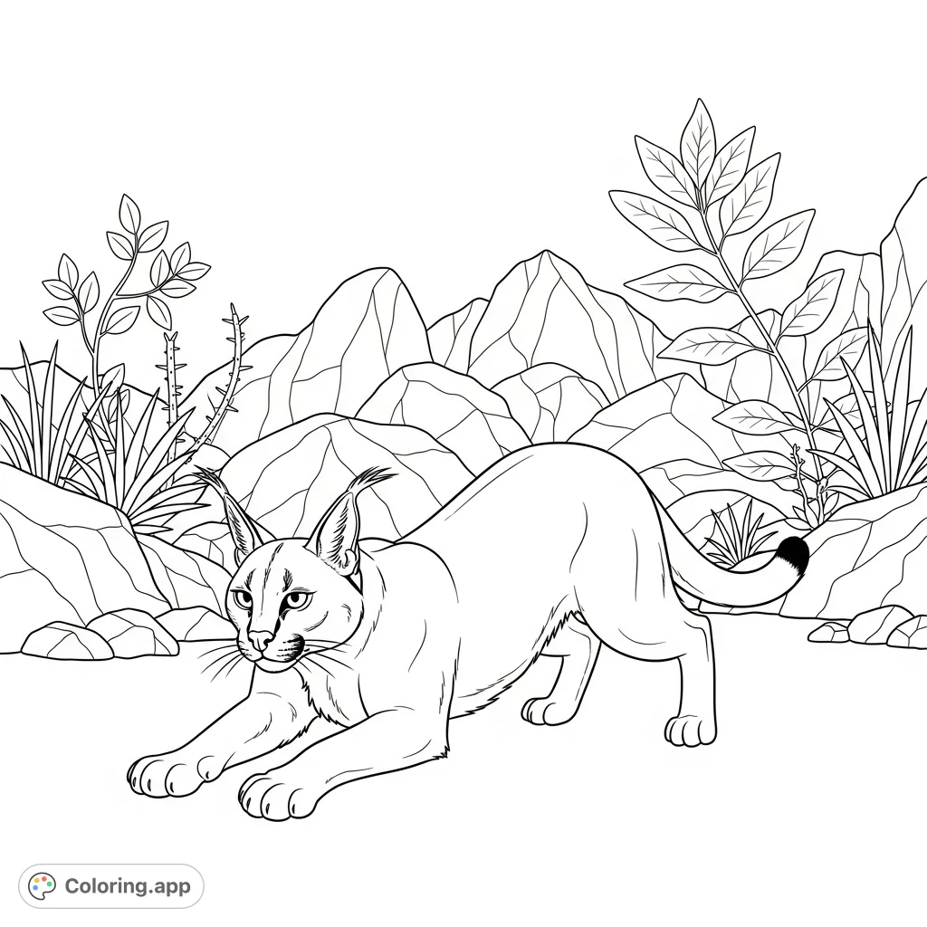 A captivating caracal in a hunting crouch, poised amidst rugged rocks and sparse desert plants. A dynamic scene of wild grace and focused intent.