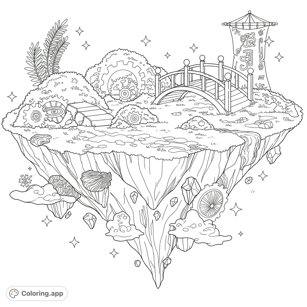 Explore a whimsical steampunk floating island with gears, a charming bridge, and a mysterious banner. A free printable fantasy coloring page for all ages!