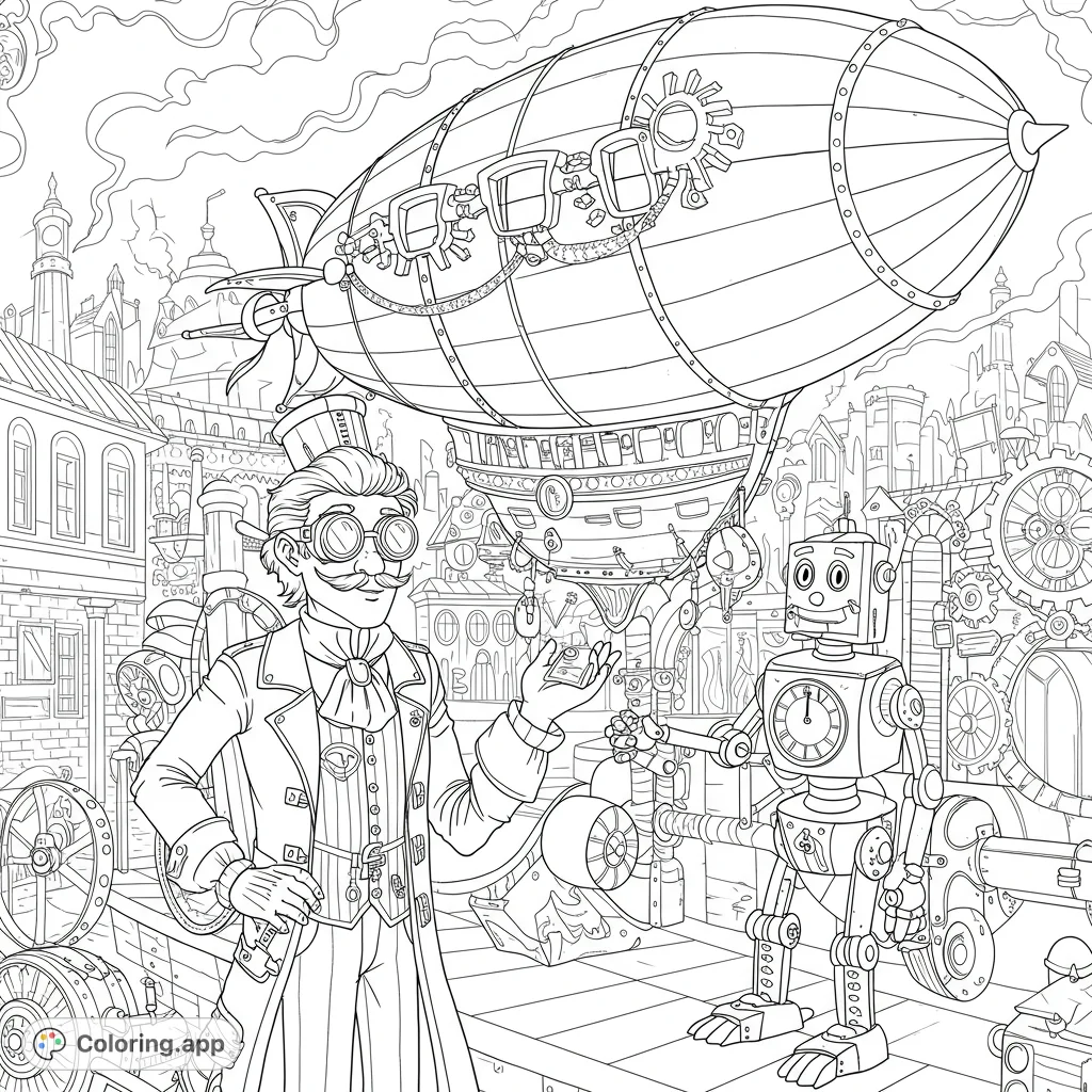 Explore a whimsical steampunk world with an inventor, his friendly robot, and a grand airship, perfect for creative coloring.