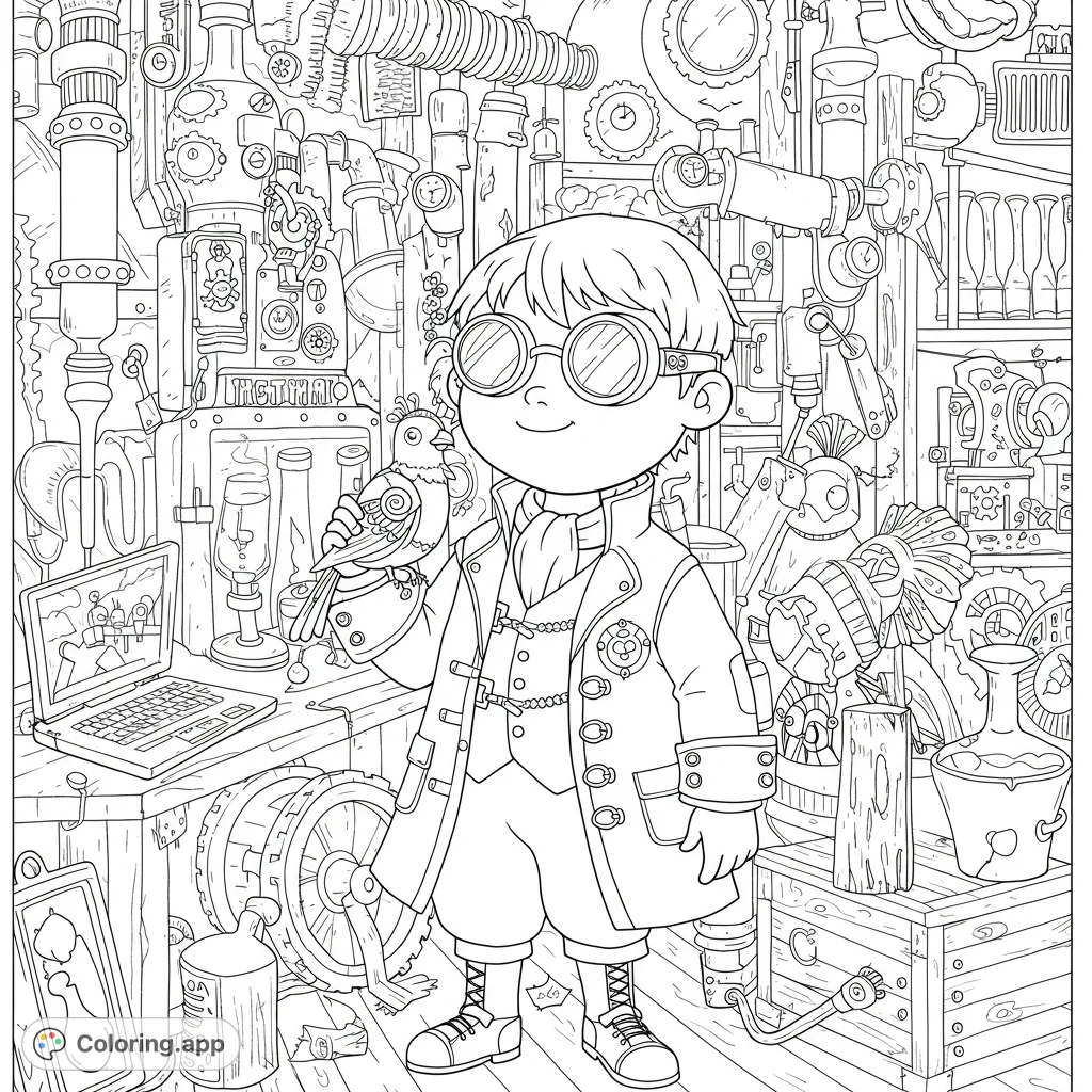 An intricate steampunk coloring page featuring a young inventor boy with goggles and his mechanical bird amidst a detailed workshop of gears and pipes.