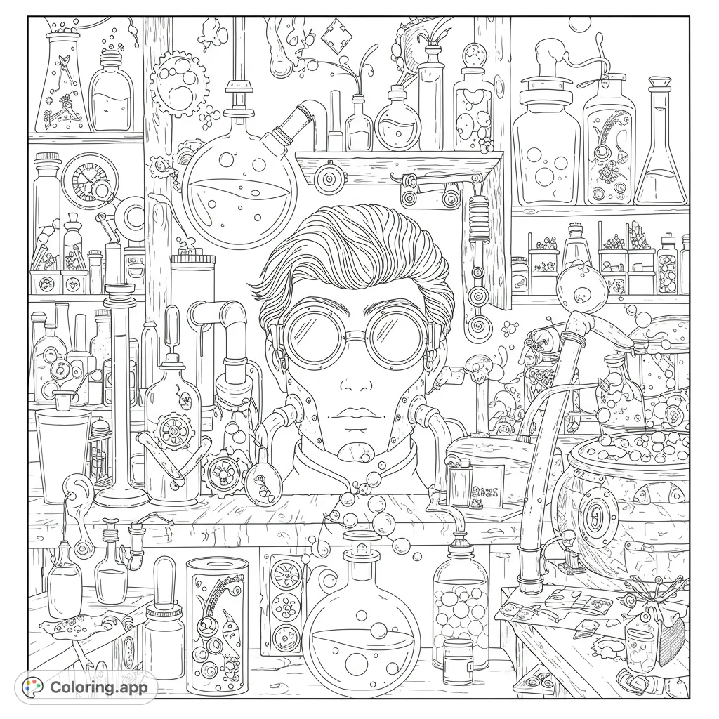 An intricate steampunk laboratory coloring page featuring a scientist with goggles amidst bubbling beakers, gears, and complex machinery.