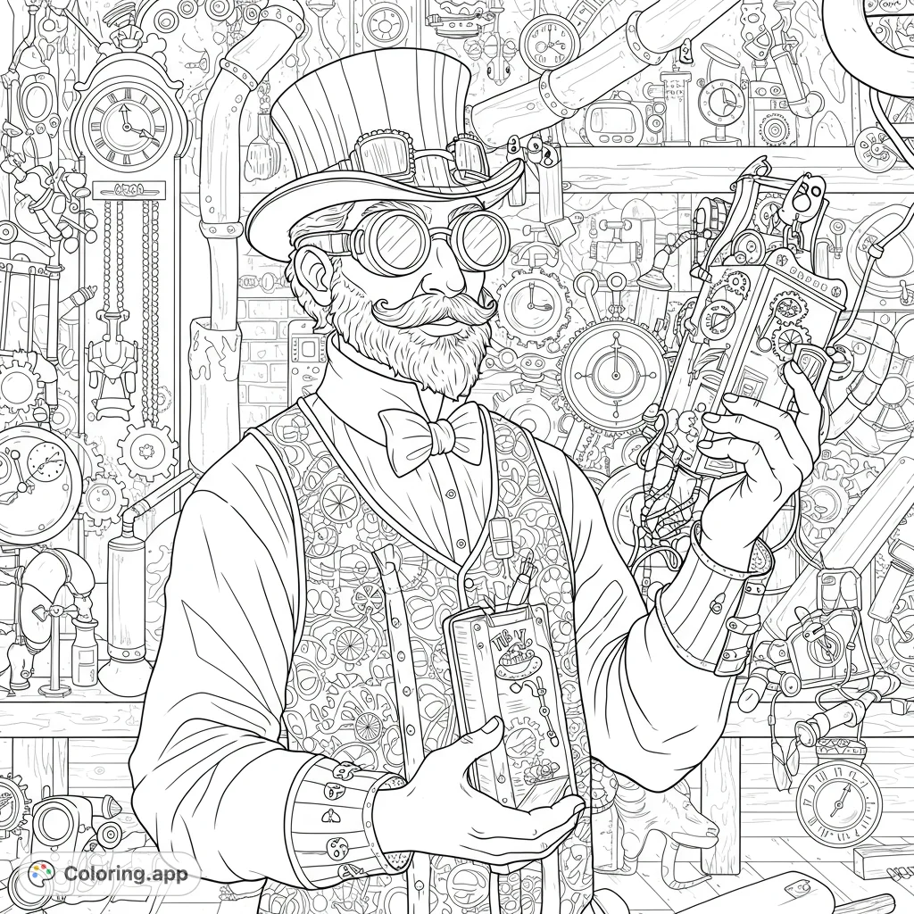 Dive into a detailed steampunk coloring page featuring a dapper inventor amidst intricate gears and gadgets. A free printable coloring page for adults.