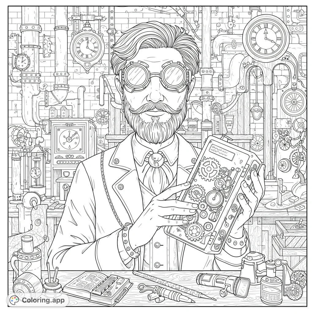 Explore a detailed steampunk inventor's workshop. A distinguished man with goggles holds a gear-filled device amidst pipes, clocks, and intricate machinery.
