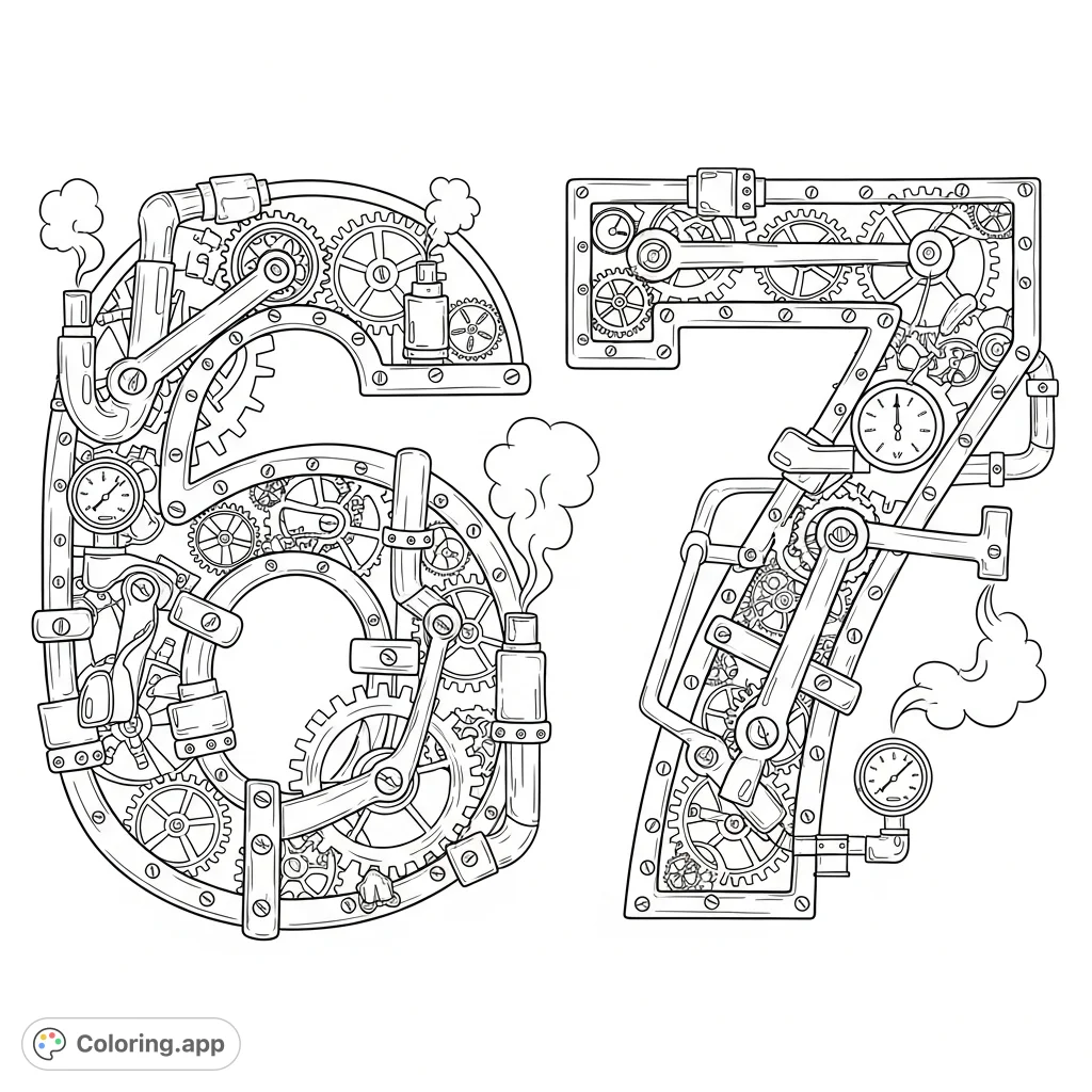 Discover a complex steampunk '6' and '7' crafted from gears, pipes, and levers. This intricate design offers a captivating challenge for colorists of all levels.