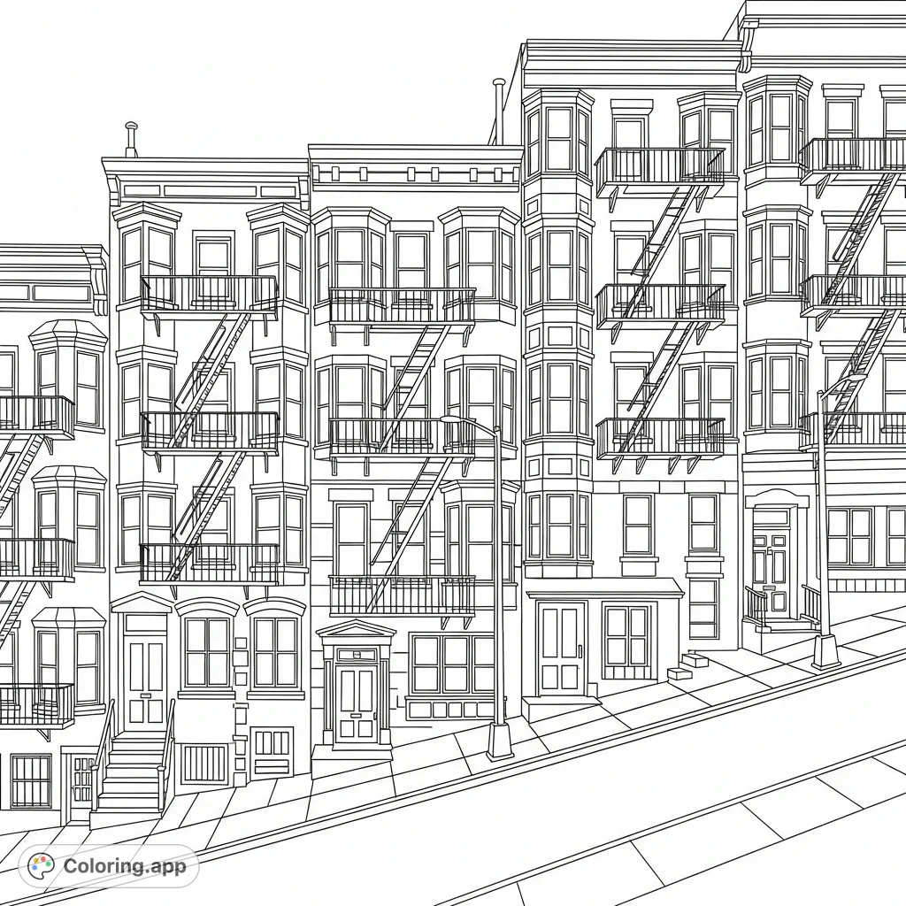 An intricate coloring page depicting a steep residential street with detailed multi-story buildings, featuring fire escapes and bay windows.