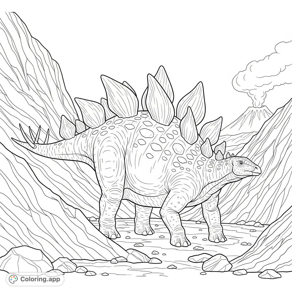 Explore an ancient world with a magnificent stegosaurus guarding volcanic formations. A distant smoking volcano completes this dramatic prehistoric landscape.