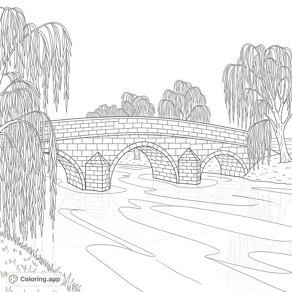 A tranquil stone arch bridge spans a calm river, flanked by graceful willow trees whose simple reflections arc on the water's surface.