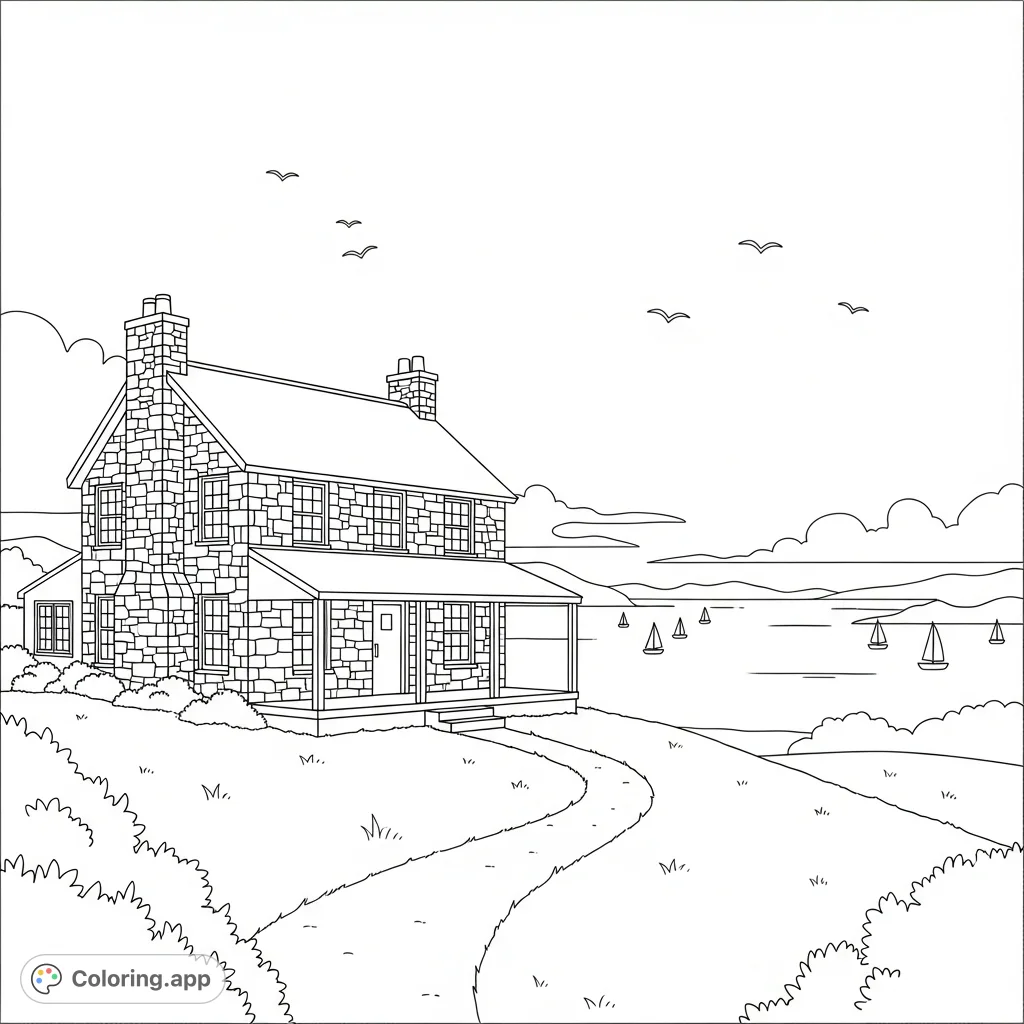 Color a charming stone cottage overlooking a serene bay with distant sailboats and soaring seabirds. A peaceful scene for mindful coloring and relaxation.