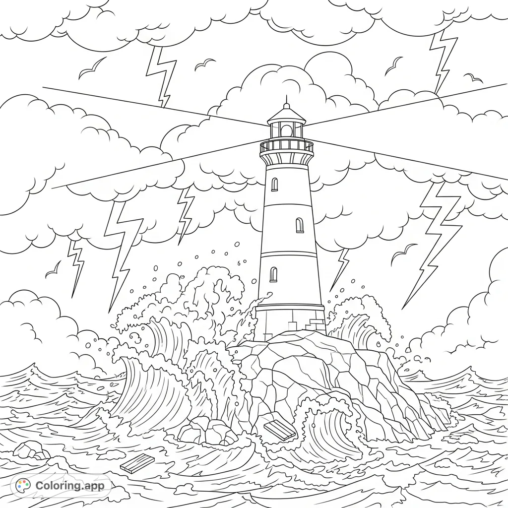 Navigate a tempest with this lighthouse coloring page. Features a sturdy lighthouse, crashing waves, and simplified lightning in a dramatic sea scene.