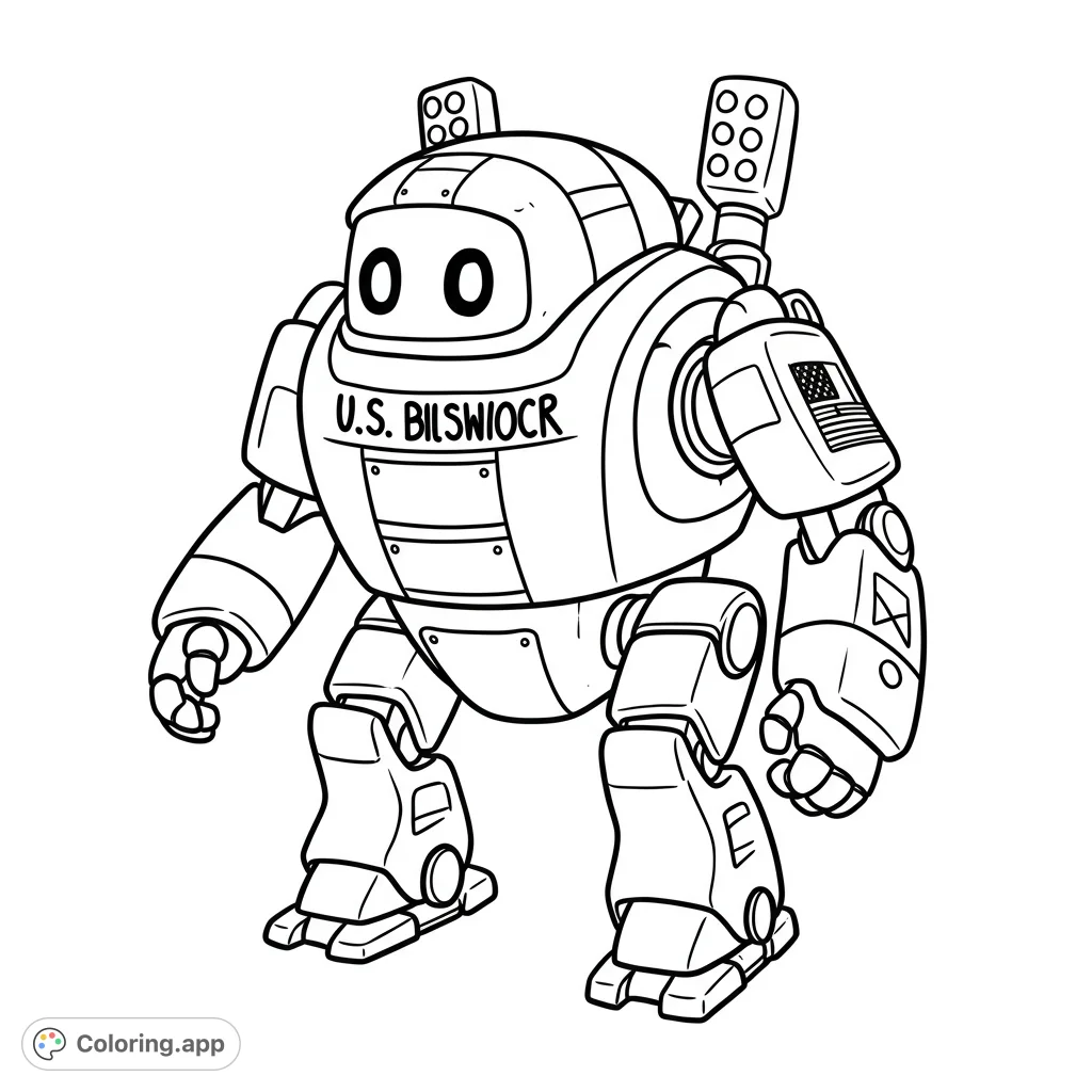 A charming, stout robot coloring page with large eyes, sturdy limbs, and back-mounted launchers. A free printable robot coloring page for kids and adults.