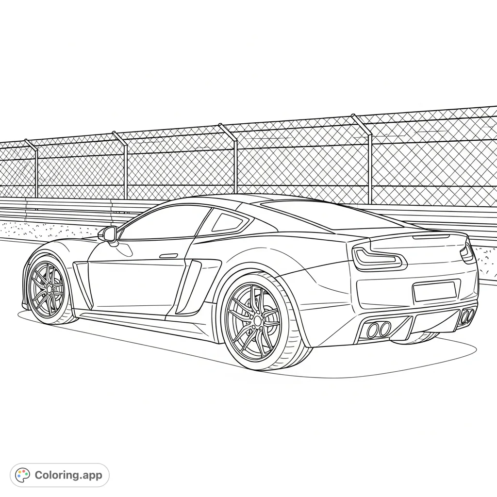 An aggressive street racer with bold body lines and side-exit exhaust, parked by a track fence, waiting to be brought to life with color.
