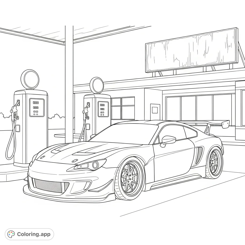 Color a detailed street racing coupe at a classic gas station. Features a sleek car, vintage pumps, and a rustic station building.