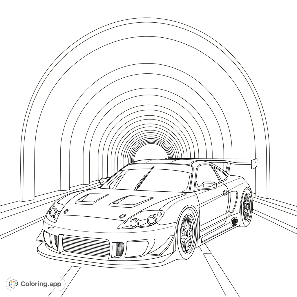 A dynamic street racing coupe poised at a tunnel entrance, featuring bold design and repeating architectural arches for a sense of speed and depth.