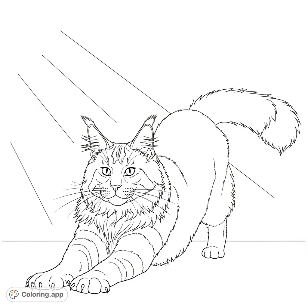 A majestic Maine Coon cat stretches gracefully in a sunlit spot, showcasing its long fur and tufted ears. A calming scene for cat lovers.